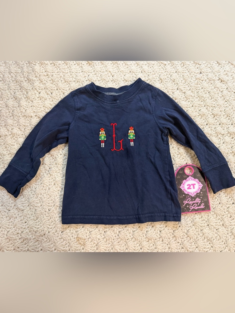 Old Navy Navy Long-Sleeve Tee with Red Monogram and Nutcracker Embroidery